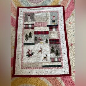 Pottery Barn White Red Quilt Blanket with Santa and Reindeer Crib size